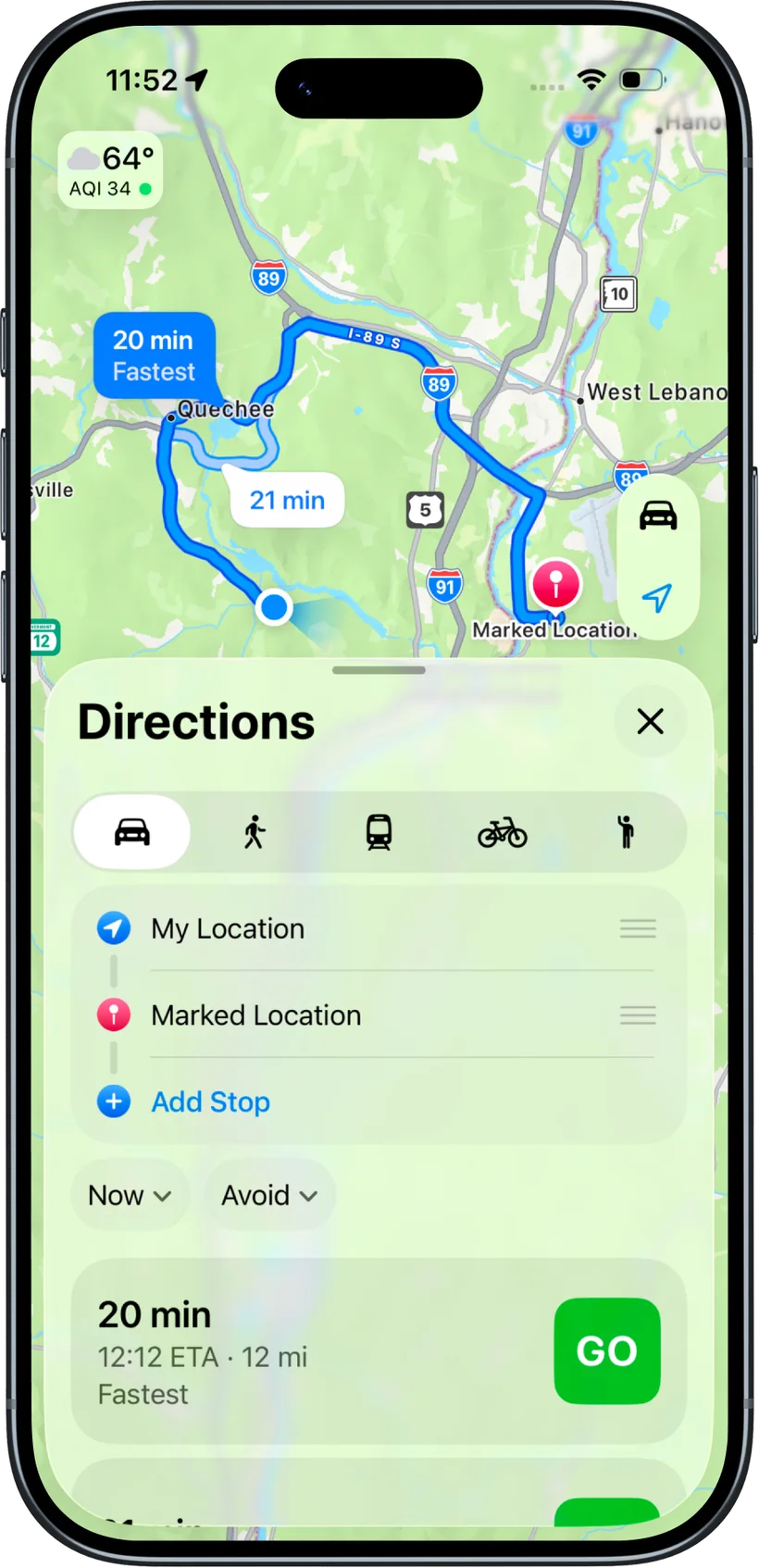 The Locava directions panel with transport modes, a 20 minute ETA and a GO button
