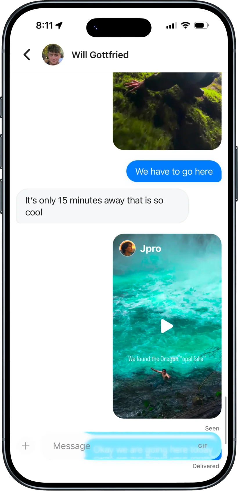 A Locava direct message thread with a shared video post between two friends