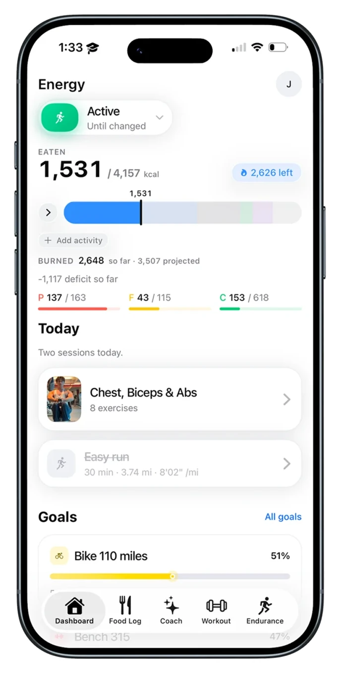 The base. dashboard on iPhone, showing energy eaten against burned, macro progress and the day's two sessions