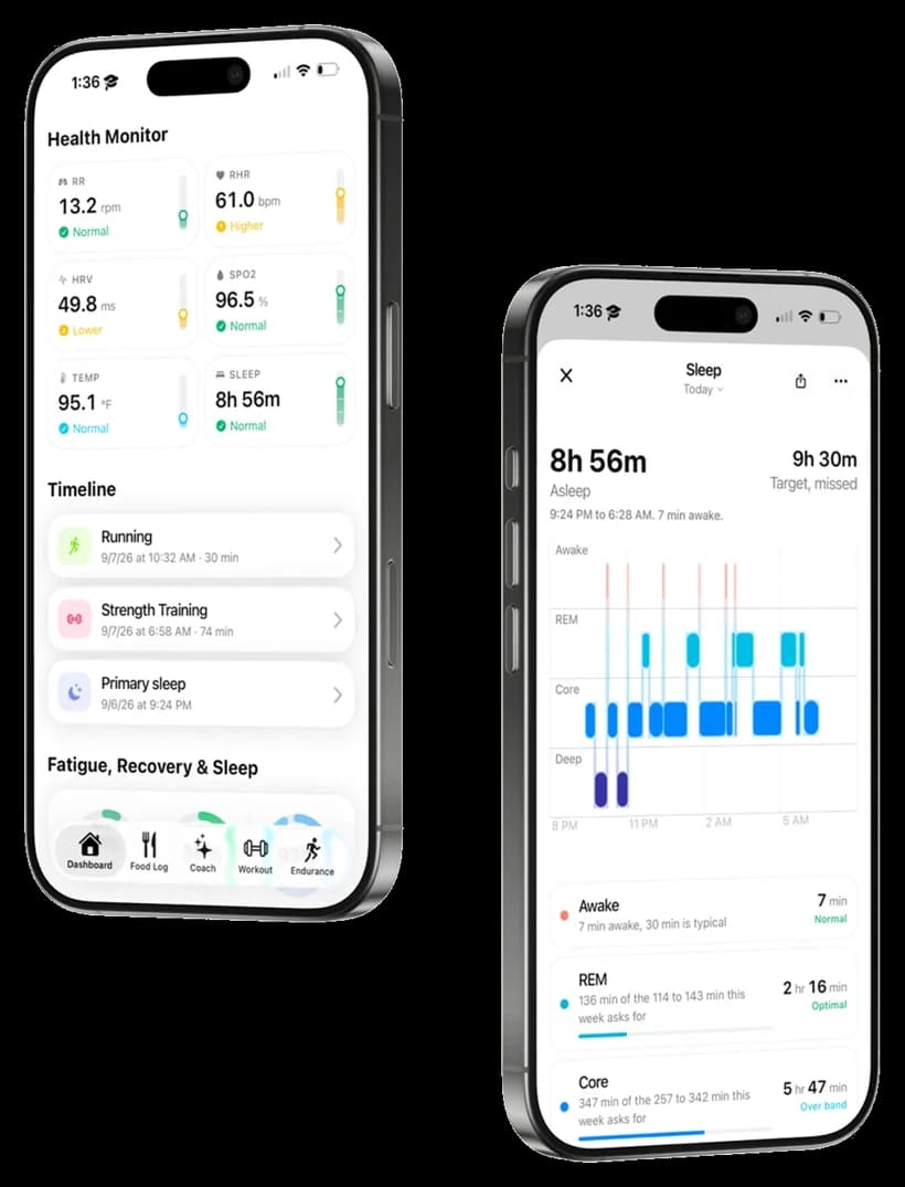 The base. health monitor and sleep detail, showing resting heart rate, HRV and a sleep stage chart