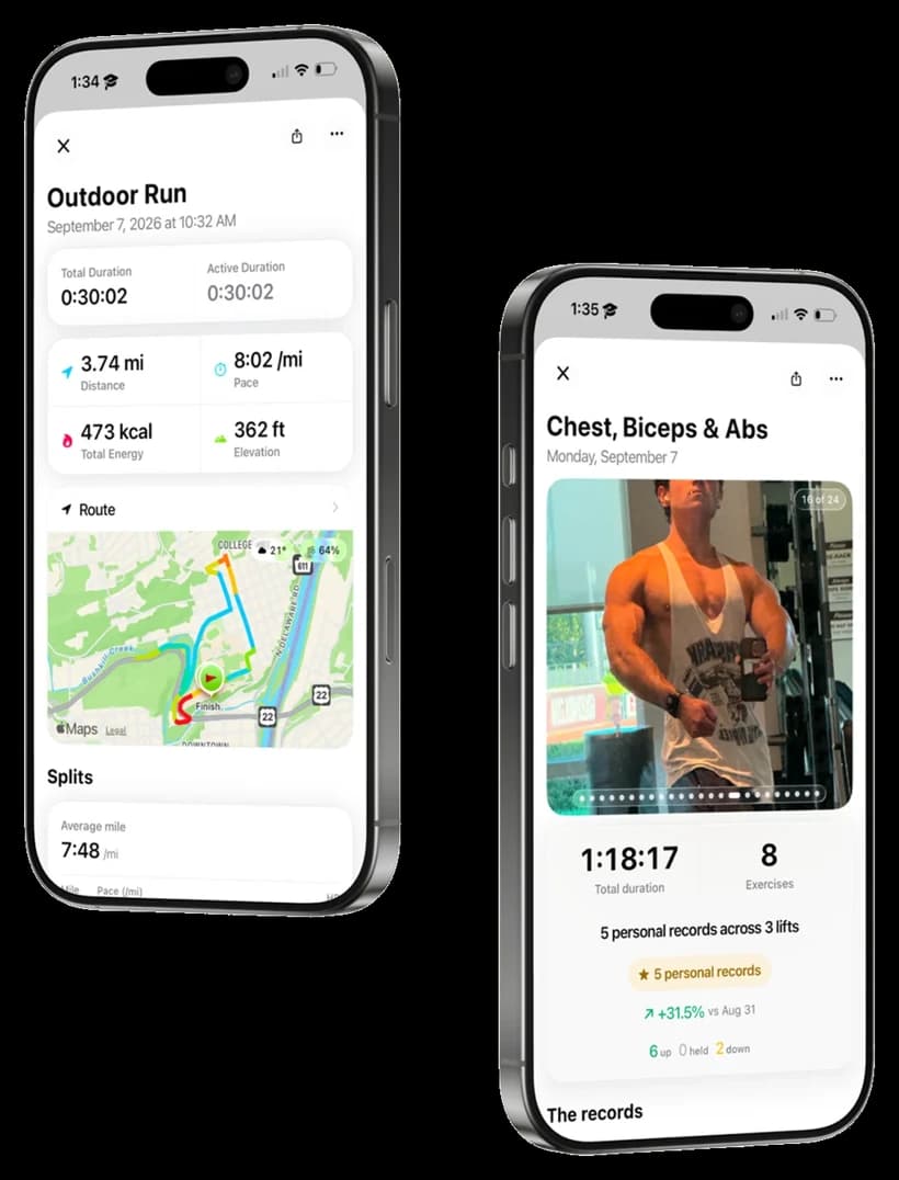 base. workout detail: an outdoor run with splits and route beside a strength session with personal records