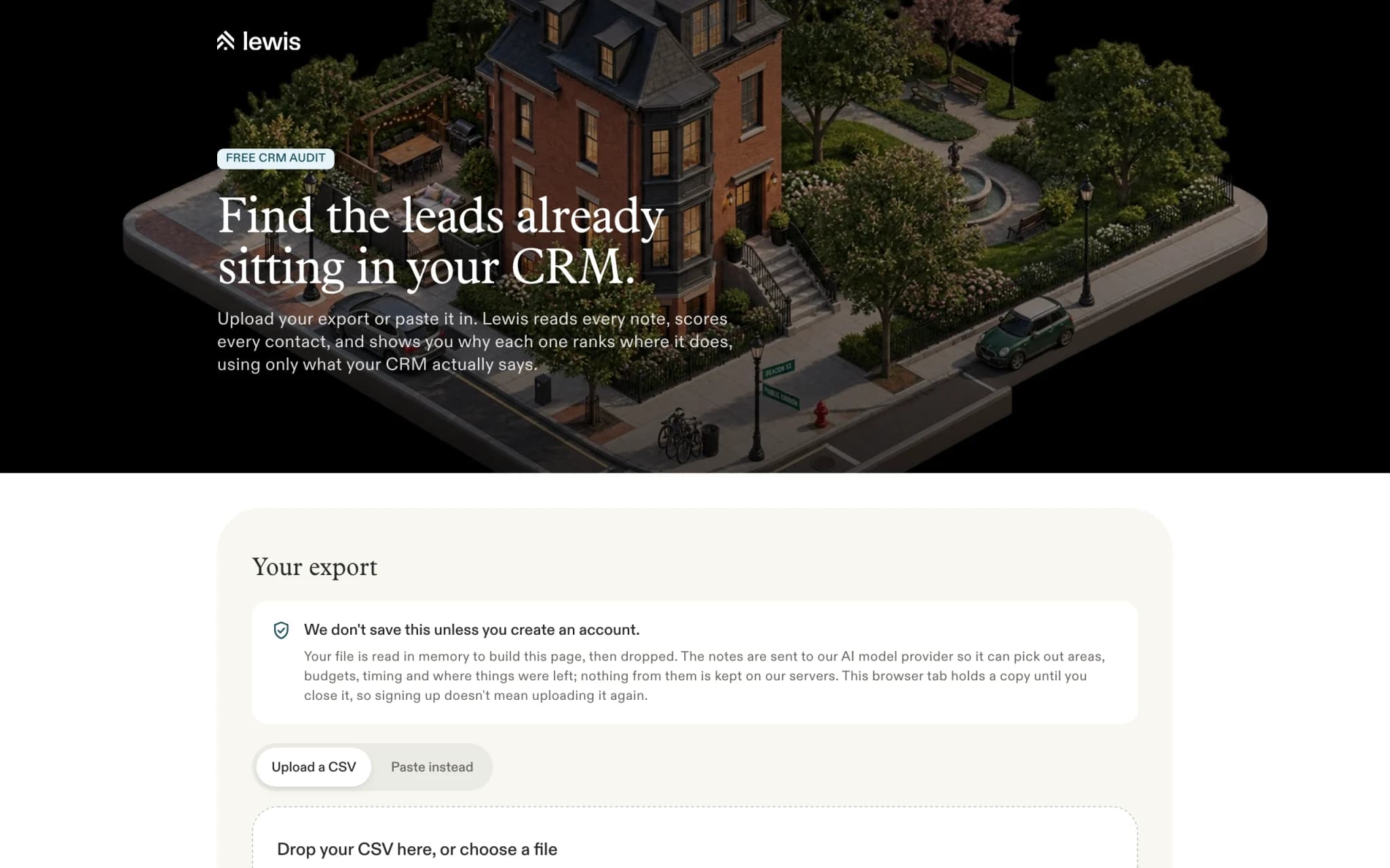 The free CRM audit: upload an export and Lewis scores every contact from what the notes say
