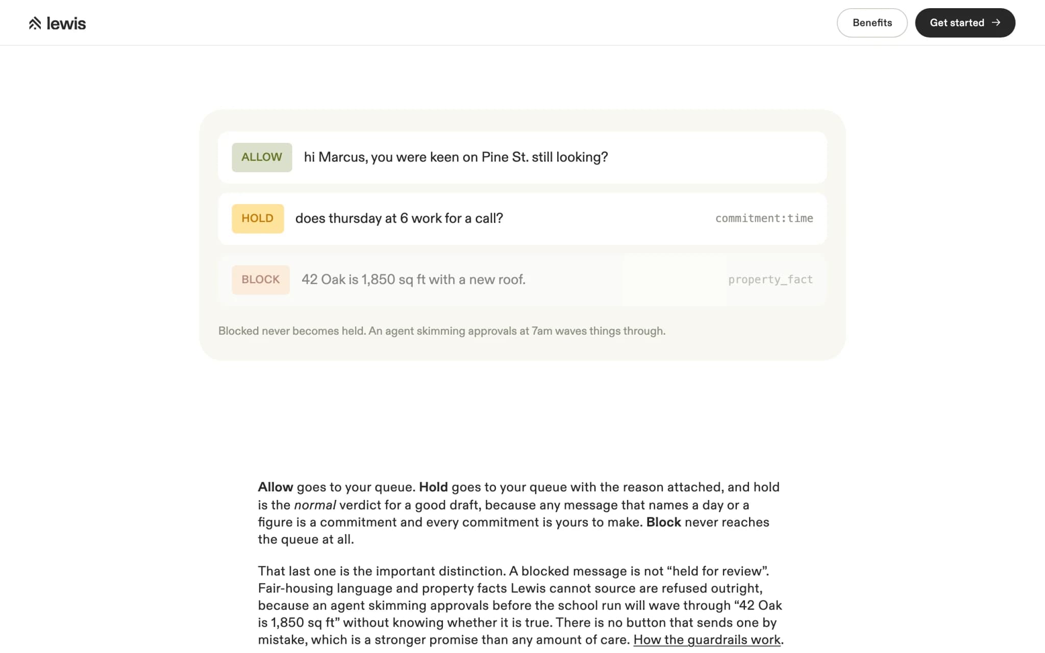 The three outbound verdicts: allow, hold for approval, and block, each on a sample message