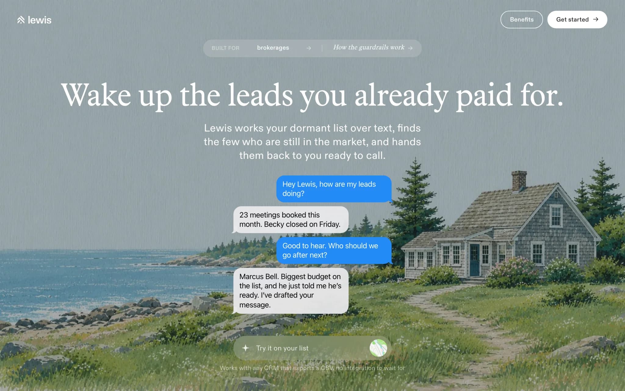 The Lewis home page: wake up the leads you already paid for, over a coastal painting