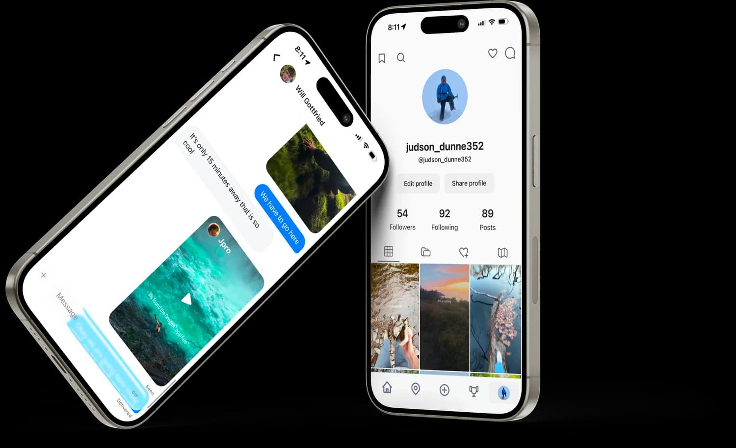 Two iPhones showing the Locava feed and profile