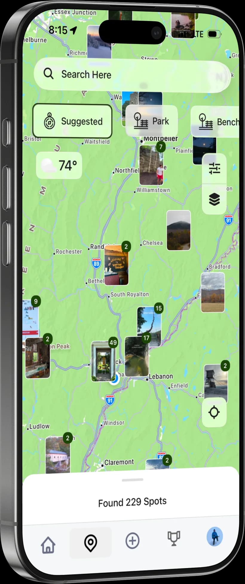The Locava map, showing photo pins across a region