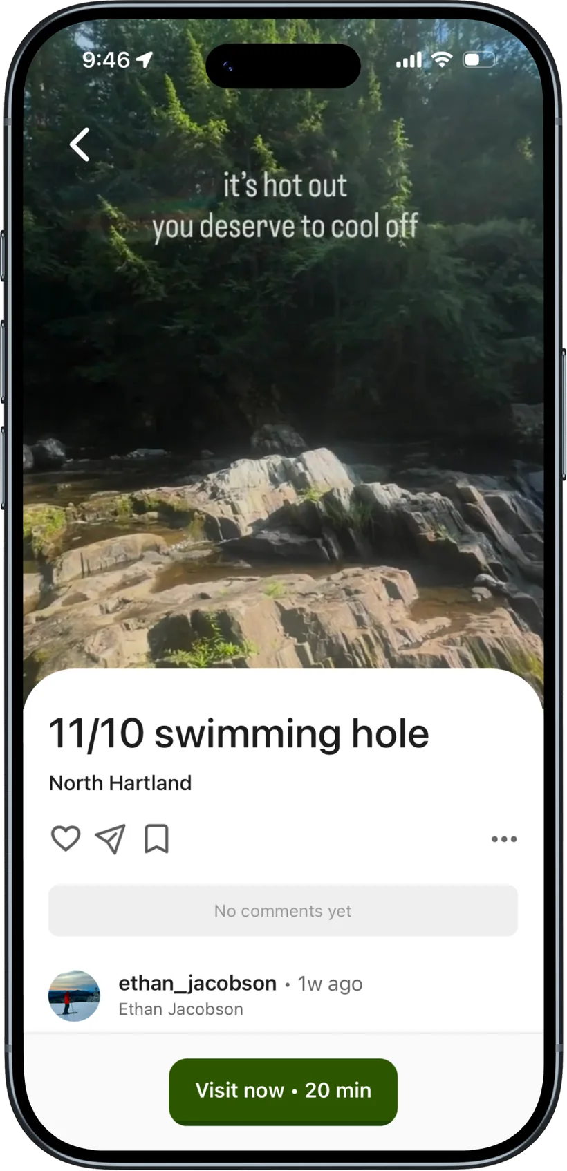 A Locava post showing a swimming hole with a Visit now button