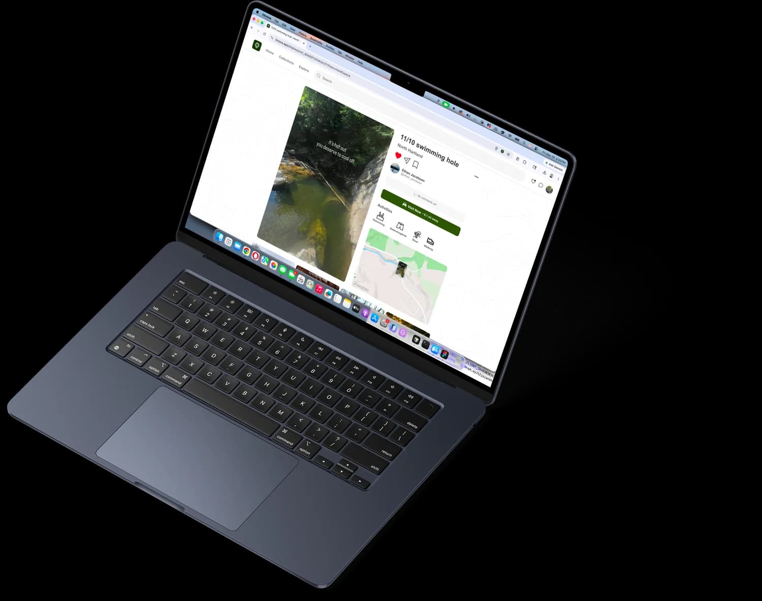 The Locava web app on a laptop, showing a map beside a grid of places