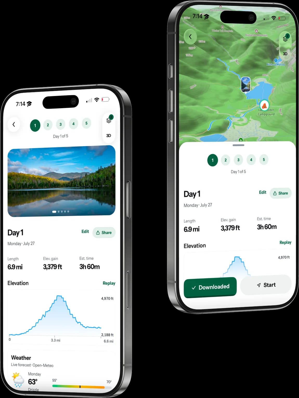 A RidgeSync day plan beside its 3D terrain route map