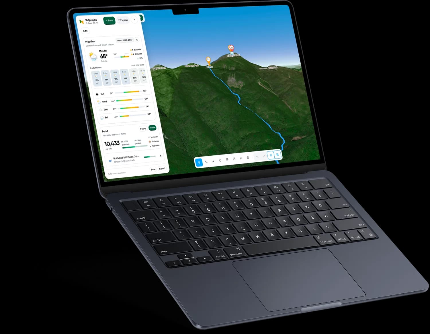 The RidgeSync web planner on a laptop, showing a route across 3D terrain